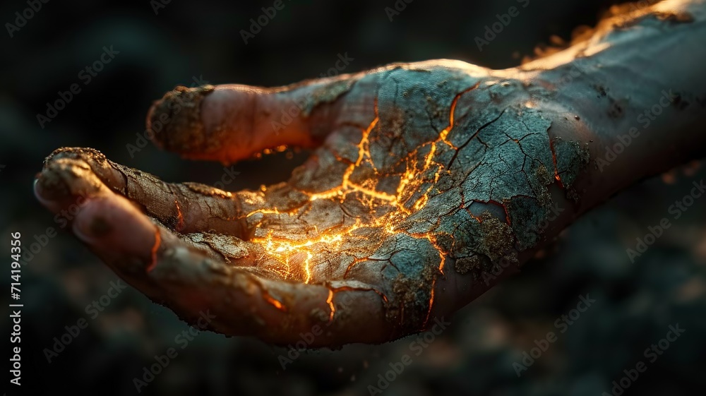 Fototapeta premium A hand with cracked skin, illustrating extreme dryness, generative a