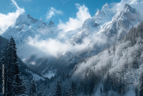 mountains with snow and trees photo