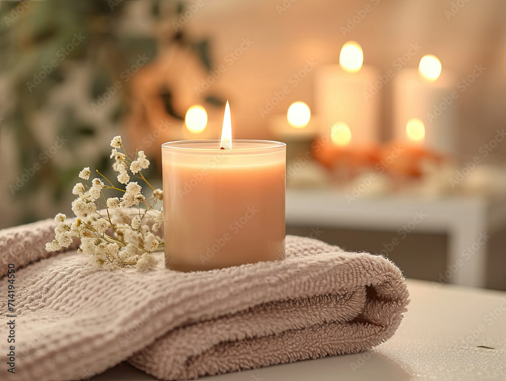 Lit Candle on Towels, Serene Glow on a Pile of Soft Fabric Lit Candle on Towels, Serene Glow on a Pile of Soft Fabric