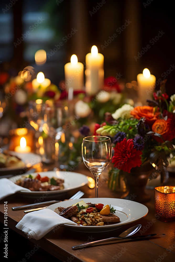 Festive Fine Dining: Intimate Celebratory Dinner Table Setting with Floral Centerpiece and Gourmet Food