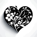 A black and white silhouette of a heart adorned with flowers, minimalist abstract image 