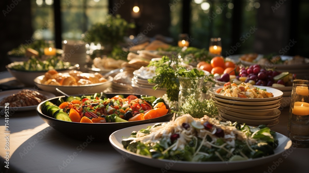 A wedding buffet with delicate dishes lined up on a table, generative ai A wedding buffet with delicate dishes lined up on a table, generative ai