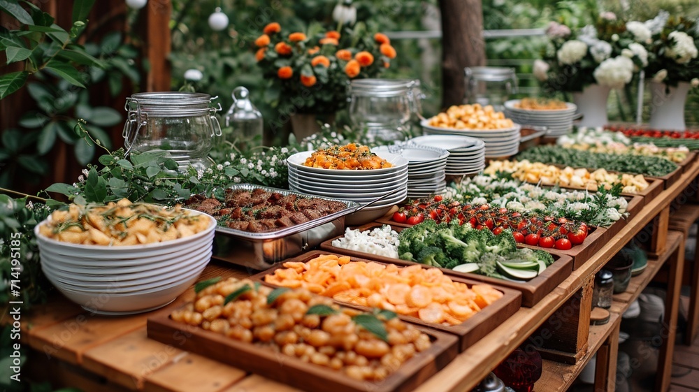 A wedding buffet with delicate dishes lined up on a table, generative ai A wedding buffet with delicate dishes lined up on a table, generative ai