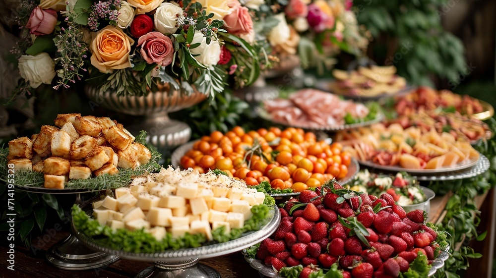 A wedding buffet with delicate dishes lined up on a table, generative ai A wedding buffet with delicate dishes lined up on a table, generative ai