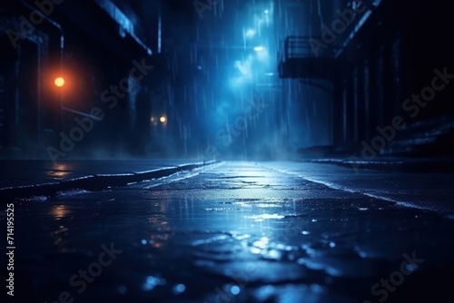 Dark street with wet asphalt, abstract blue background, smoke, and neon lights.