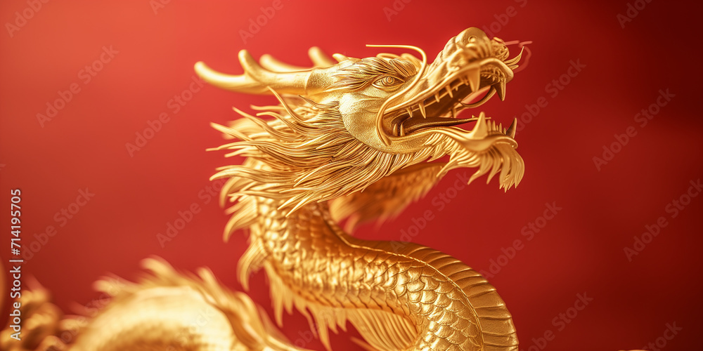 Golden Chinese Dragon Statue on Red Background: Symbolic Art of Ancient East Asia Golden Chinese Dragon Statue on Red Background: Symbolic Art of Ancient East Asia