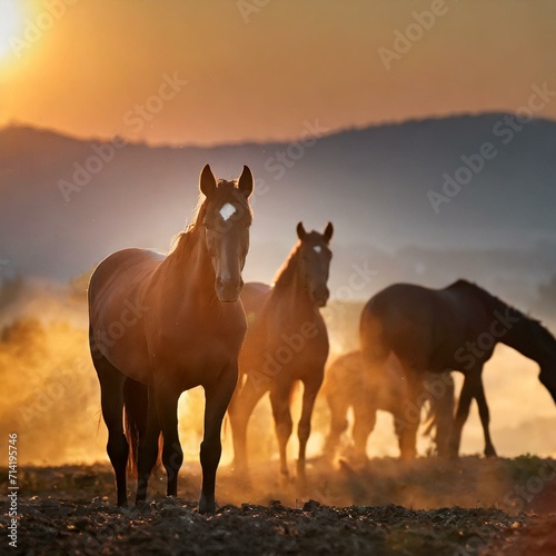Hooves at First Light: Majestic Horses Await the Morning Sun photo