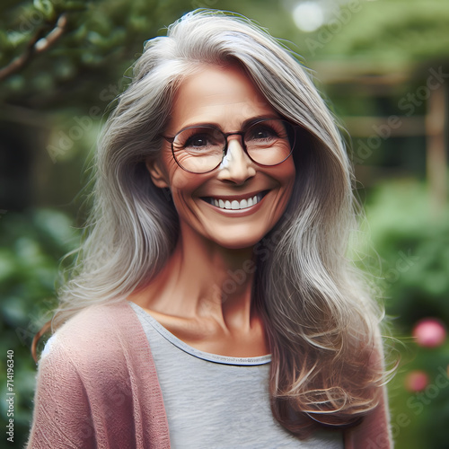 Portrait of smiling woman with long grey hair wearing spectacles standing in the garden