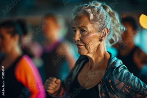 Radiant Senior Lady Enjoying Group Yoga Practice © Nuttakarn