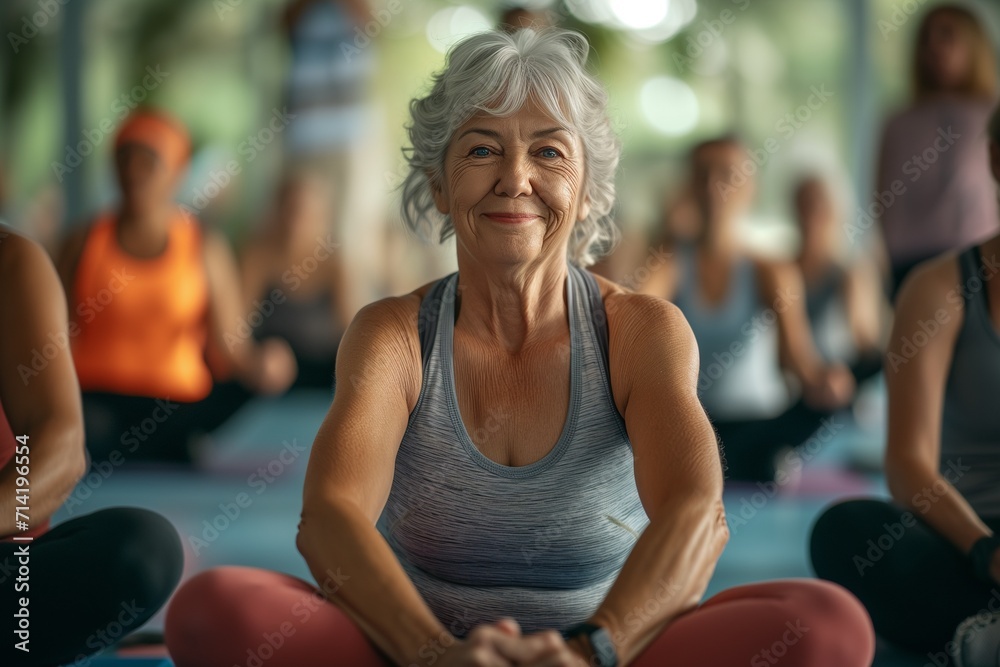 Radiant Senior Lady Enjoying Group Yoga Practice Radiant Senior Lady Enjoying Group Yoga Practice