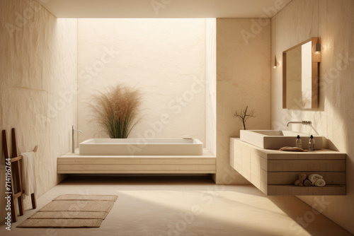 Navajo white color spacious minimal design luxury decorated bathroom interior