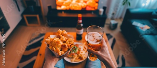 A modern person enjoying takeaway dinner and alcohol while watching TV. photo
