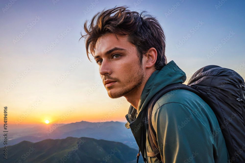 Portrait of a young hiker on top of a mountain, sunset in the background