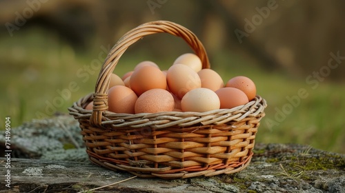 A basketful of freshly picked chicken eggs. Generative AI