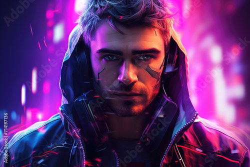 Neon color illuminated image of futuristic style cyberpunk male portrait