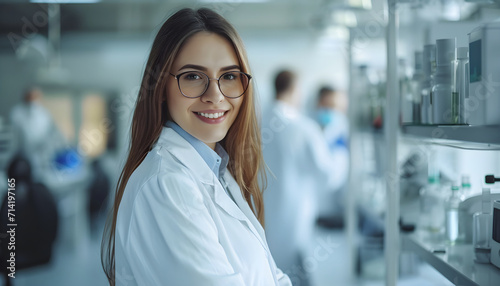 Beautiful young woman scientist wearing white coat and glasses in modern Medical Science Laboratory with Team of Specialists on background