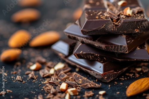 Close-up of dark chocolate and almonds for heart health and mindful indulgence.