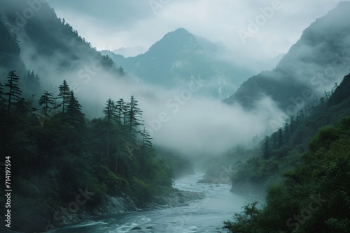 river in misty mountains
