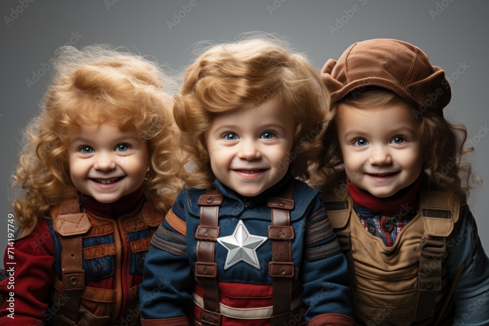 A playful trio of delighted children in superhero costumes, showcasing joy and togetherness. A playful trio of delighted children in superhero costumes, showcasing joy and togetherness.