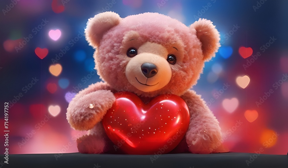 Fototapeta premium A Captivating Closeup of a Hot Red Diamond Heart , Embraced by a Beautiful Smiling Teddy Bear on a Shiny Landscape, Perfect for Valentine's Day, Valentines day concept