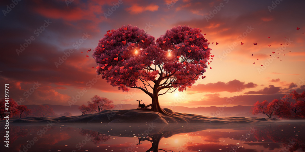 Red heart shaped tree with beautiful shaped sunset background  love in spring its branches adorned with delicate blossoms and reflecting Valentine's day concept Symbolize love unity and affection.