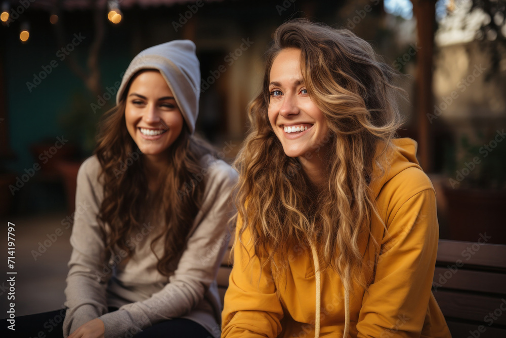 Two laughing and happy friends, enjoying a cheerful moment on a bench in the city during summer. Two laughing and happy friends, enjoying a cheerful moment on a bench in the city during summer.