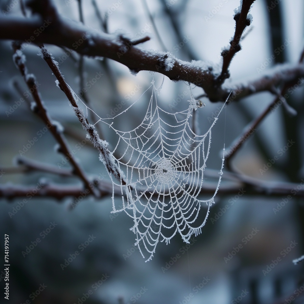 frozen spiderweb in the morning outdoors
