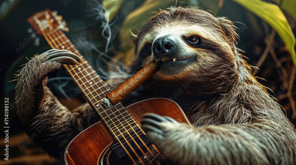 A satisfied rock sloth, smoking a cigar with an electric guitar, on a dark background A satisfied rock sloth, smoking a cigar with an electric guitar, on a dark background