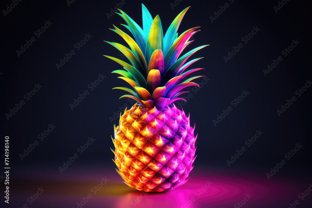 Neon colors pineapple, dark isolated background Neon colors pineapple, dark isolated background
