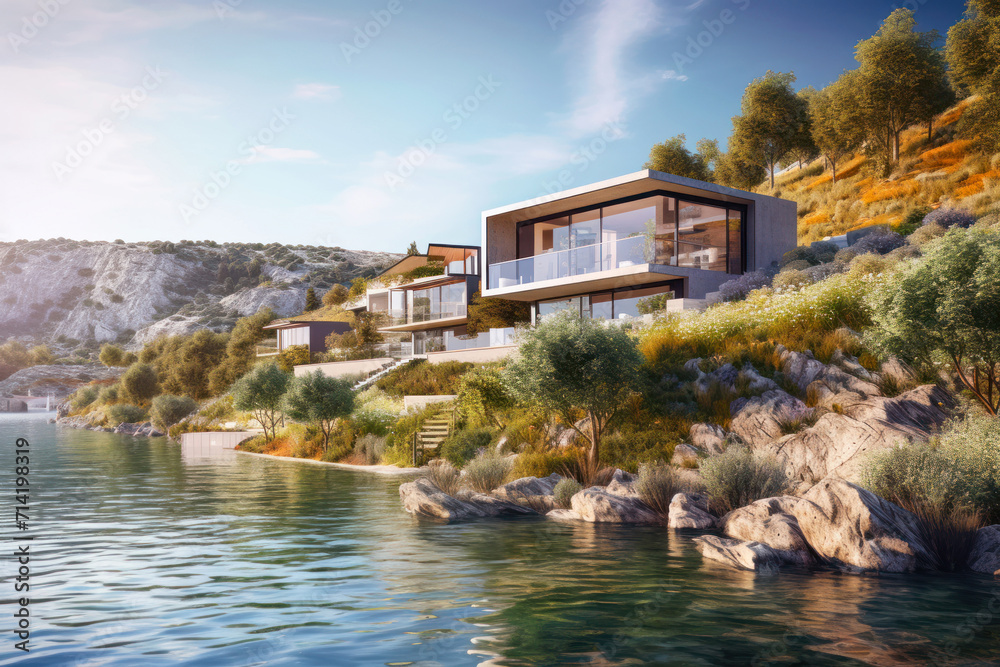 Obraz premium Modern luxury house, villa with panoramic windows by water in mountains. Landscape with residential mansion, river, forest and sky in summer. Concept of design, nature, travel