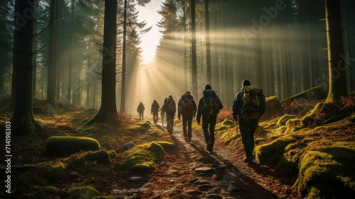 People walk down trail in sunny woods, group of hikers in forest against sunbeams. Landscape with men, sunlight and trees. Concept of hiking, tourism, nature, adventure and travel photo