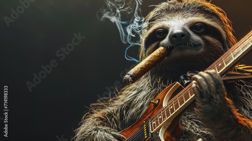 A satisfied rock sloth, smoking a cigar with an electric guitar, on a dark background