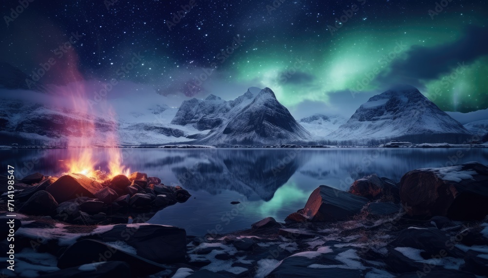 View of night sky with multicolored aurora borealis and snowy mountains peak background. Night glows in vibrant aurora reflection on the lake with forest. 