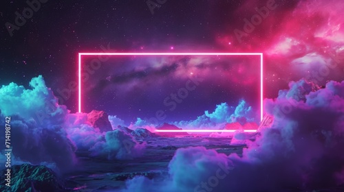 Rectangle, Square Frame Design, glowing in the dark. Retro style. Glow Neon Design for Graphic Design, Banner, Poster, Flyer, Brochure, Card. In smoke space background with clouds.
