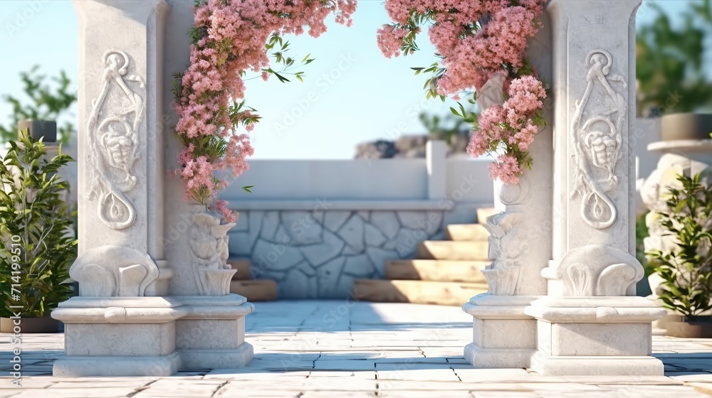 Beautiful archway decorated with floral composition generative ai