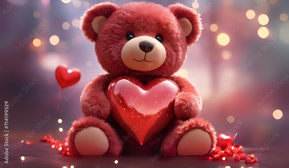 A Captivating Closeup of a Hot Red Diamond Heart , Embraced by a Beautiful Smiling Teddy Bear on a Shiny Landscape, Perfect for Valentine's Day, Valentines day concept A Captivating Closeup of a Hot Red Diamond Heart , Embraced by a Beautiful Smiling Teddy Bear on a Shiny Landscape, Perfect for Valentine's Day, Valentines day concept