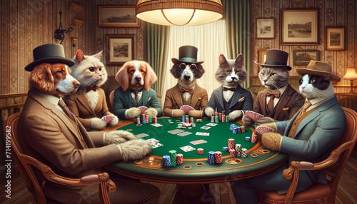 This image portrays anthropomorphized dogs and cats dressed in vintage clothing, engaged in a serious game of poker in an old-fashioned room.Gambling concept. AI generated.