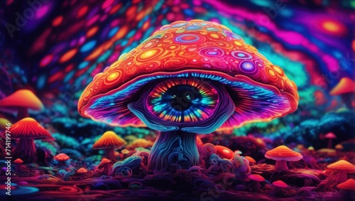 3d illustration of abstract psychedelic background with beautiful female eye and mushrooms