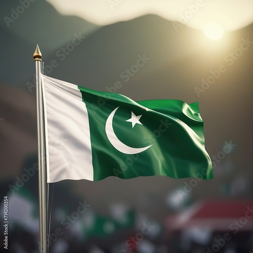 Pakistan National Flag on Flagpole at Night, Cityscape Background 3D Rendering