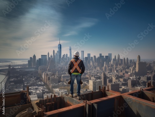 Construction worker wearing a hardhat and harness, standing atop a partially constructed steel beam high above the city