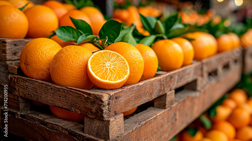 fresh oranges with leaves in an old wooden box on city market. 