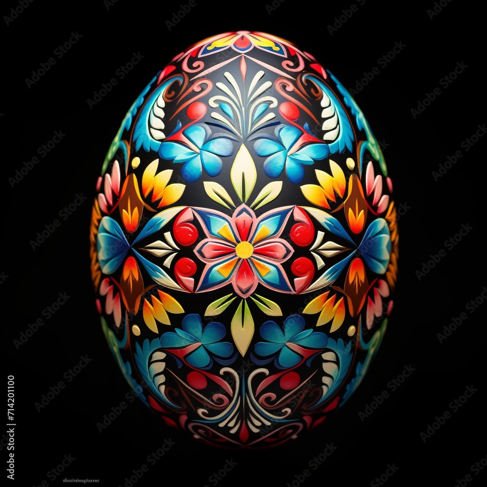 Fototapeta premium symmetrical Easter egg, multi-colored. geometric patterns in harmonious combination. Traditional Ukrainian Easter eggs design Pysanka on a black background