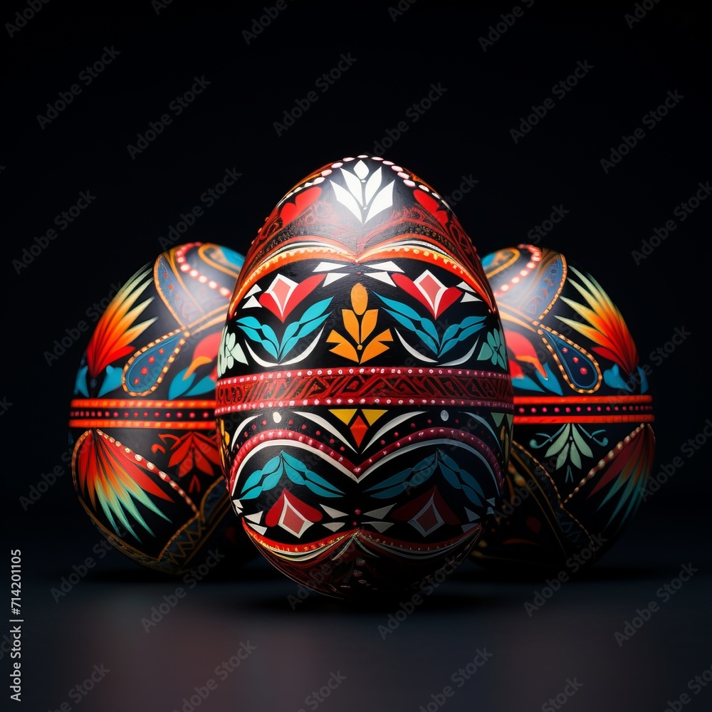 three Easter eggs with traditional Ukrainian Pysanka pattern on a black background