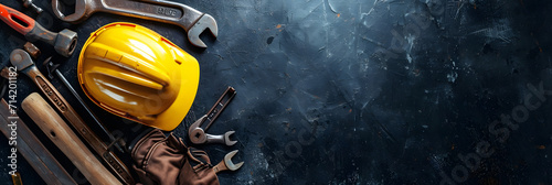 Hardhat, hammer, wrench, gloves, and other worn and dirty tools on dark background with copy space. Father's day, DIY, home improvement, or labor day background concept.