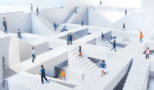 Abstract environment with lots of stairs and business people walking up and down, representing business activity. 3D rendering