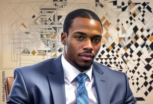 A man in a suit and tie sits in an office. He has a serious expression and his hands are clasped together. There is a chair behind him. The background features a pattern of black, white shapes