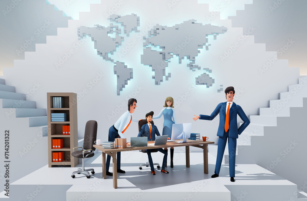Business team working, collaborate on project in an abstract business environment with stairs, representing professional ladder of success, global business and opportunities. 3D rendering Business team working, collaborate on project in an abstract business environment with stairs, representing professional ladder of success, global business and opportunities. 3D rendering