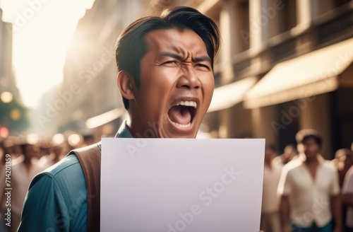 asian protester screaming with blank poster. angry activist protesting against rights violation.