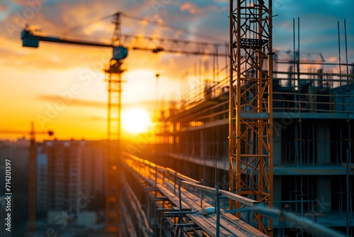 Embrace the synergy of urban development and natural beauty in our image. Sunset hues illuminate a construction site, showcasing the assembly of large residential buildings with sturdy steel beams.