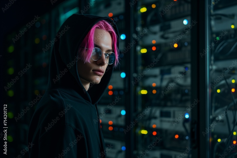 Young Programmer Standing in Server Aisle Young Programmer Standing in Server Aisle